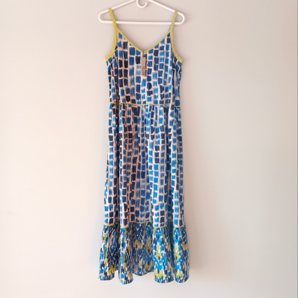 NEW Nic + Zoe Maxi Sundress V-Neck Graphic 100% Cotton Blue Multi Yellow Medium